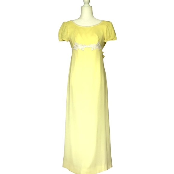 1960-70s Vintage Formal Dress Yellow Linen & Sheer Overlay Maxi Teens Womens XXS - Picture 2 of 11